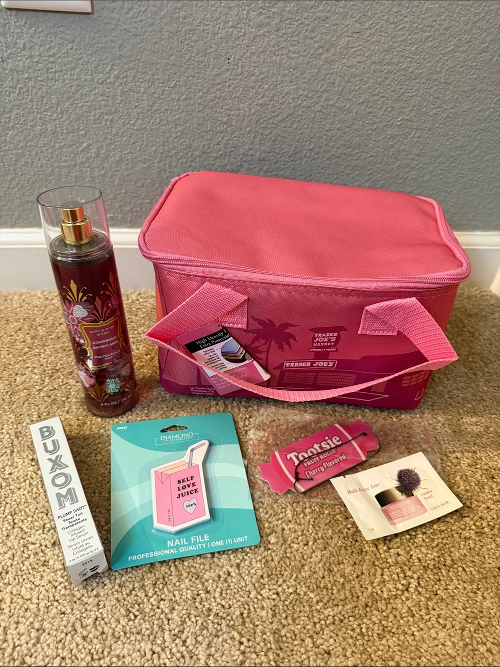 Trader Joe’s Pink Insulated Lunch Box Gift Set with BUXOM And Bath & Body Works